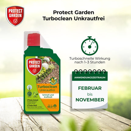 PROTECT GARDEN Turboclean bezrezerves līdzeklis, nezāļu iznīcinātājs pret spītīgām nezālēm, piemēram, mežrozīti un kosu, 1000 ml koncentrāts