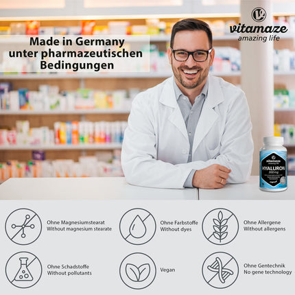 Augstas devas hialuronskābes kapsulas, 300 mg vienā kapsulā, vegānas, 3 mēnešu nepārtraukta piegāde, augsta biopieejamība: zema molekulmasa 500–700 kDa, uztura bagātinātājs bez piedevām, ražots Vācijā