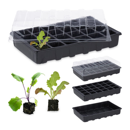 Relaxdays iekštelpu siltumnīca, 3 gabalu komplekts, mini siltumnīca palodzei, 24 nodalījumi katrā, audzēšanas paplāte ar vāku, melna, plastmasa