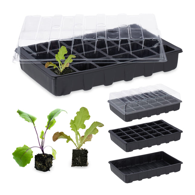 Relaxdays iekštelpu siltumnīca, 3 gabalu komplekts, mini siltumnīca palodzei, 24 nodalījumi katrā, audzēšanas paplāte ar vāku, melna, plastmasa