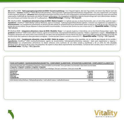 MSM augsta deva, īpaši tīras MSM kapsulas ar 1000 mg metilsulfonilmetāna, 180 kapsulas 6 mēnešiem, bez liekām piedevām Vitality Nutritionals no VitaminExpress