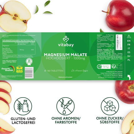 Vitabay magnija malāts 1000 mg augsta deva - 180 tabletes vegāns un laboratoriski pārbaudīts - magnija augstas devas kapsulas - veicina normālu enerģijas metabolismu un normālu muskuļu darbību