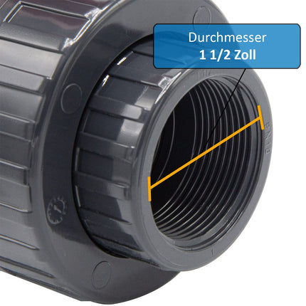 PVC lodveida vārsts ar iekšējo vītni I 1 1/2" x 1 1/2" I Skrūvju savienojums savienotājiem ar ārējo vītni I Divvirzienu noslēgvārsts I PVC cauruļu savienotājs I Lodveida vārsts baseinu un dīķu būvniecībai I bm038