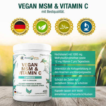 Pharmavital vegāniskās MSM un C vitamīna kapsulas no Vācijas (400 kapsulas) ar augstu devu, 1000 mg metilsulfonilmetāna vienā kapsulā