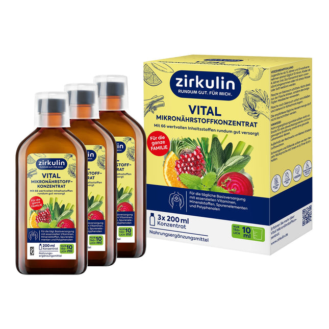 Zirkulin Vital mikroelementu koncentrāts (3x200ml) – 60 dienu krājumi – 66 svarīgas vielas no augļiem, dārzeņiem un garšaugiem – Vērtīgi polifenoli – Vitamīni un minerālvielas ģimenei