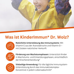 Dr. Wolz KinderImmun* 65 g pulveris - aktīvais komplekss imūnsistēmai* un augšanai** - imūnkomplekss ar C vitamīnu no acerola ķiršiem - vitamīni, minerālvielas un mikroelementi - veģetārs