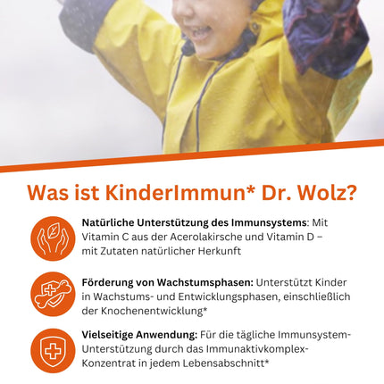 Dr. Wolz KinderImmun* 65 g pulveris - aktīvais komplekss imūnsistēmai* un augšanai** - imūnkomplekss ar C vitamīnu no acerola ķiršiem - vitamīni, minerālvielas un mikroelementi - veģetārs