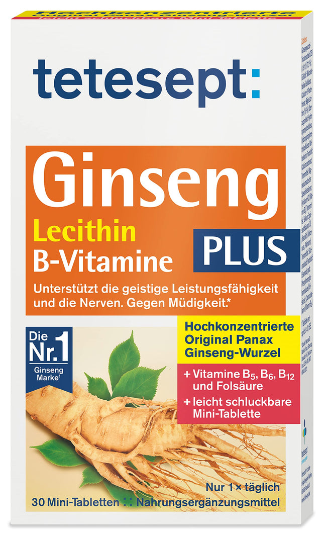 tetesept žeņšeņs plus lecitīns + B vitamīni - augsta deva - uztura bagātinātājs nervu atbalstam un organisma vitalizācijai, pateicoties B vitamīniem - 1 x 30 mini tabletes