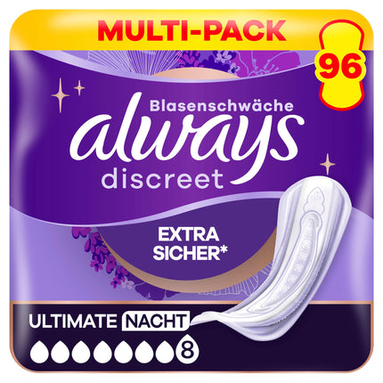 Always Discreet urīna nesaturēšanas ieliktņi, Ultimate Night mēneša iepakojums urīnpūšļa vājuma gadījumā, 96 ieliktņi (izdevīgais iepakojums 8 iepakojumi x 12)