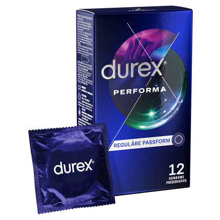 Durex Performa prezervatīvi – ar 5% benzokaīna gelu un anatomisku, viegli uzvelkamu formu ar rezervuāru ērtai valkāšanai – 12 gab. iepakojumā (1 x 12 gab.)