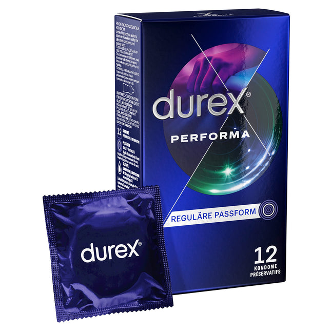 Durex Performa prezervatīvi – ar 5% benzokaīna gelu un anatomisku, viegli uzvelkamu formu ar rezervuāru ērtai valkāšanai – 12 gab. iepakojumā (1 x 12 gab.)