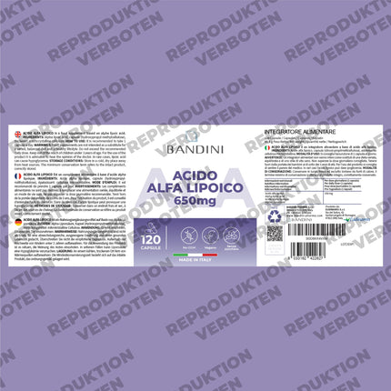 Bandini® alfa lipoīnskābe (alfa lipoīnskābe) 650 mg depo | 120 lielas devas vegānas kapsulas | Dabīgs antioksidants | Augsta biopieejamība | Palīdz pret iekaisumu | 4 mēnešu krājumi | Laboratorijā pārbaudīts