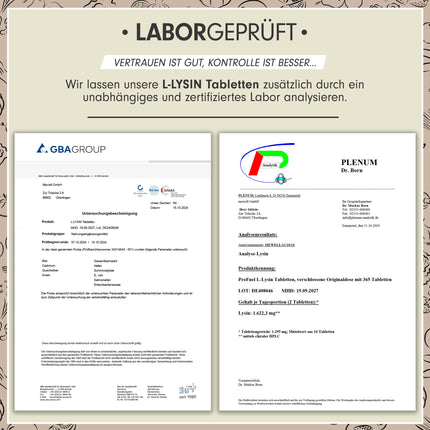 L-lizīna tabletes 365x - optimāli augsta deva ar 2000 mg lizīna hidrohlorīda dienā, no kuriem 1600 mg tīra L-lizīna - fermentācijas ceļā iegūta neaizvietojamā aminoskābe - 100% vegāns - laboratorijā pārbaudīts ar sertifikātu
