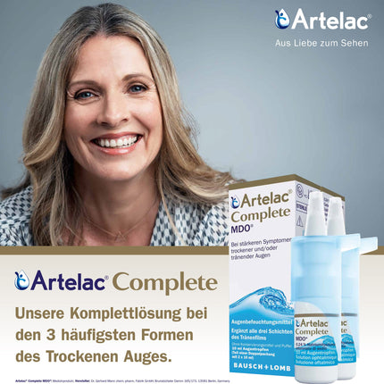 Artelac Complete MDO acu pilieni: acu pilienu šķīdums ar trīskāršu aktīvo vielu (lipīdi, hialuronskābe un karbomērs) sausām acīm, praktiska pudelīte ar pumpīti, 2 x 10 ml