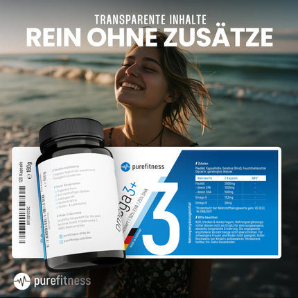Purefitness Omega 3 kapsulas AUGSTA DEVA [2000 MG DIENAS DEVA] - Zivju eļļa Omega 3 ar EPA un DHA - 120 kapsulas - Ražots Vācijā