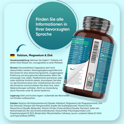 Kalcijs, magnijs, cinks - 400 tabletes 1+ gads - magnijs, D3 vitamīns, K2, bors, selēns, varš - 500 mg kalcija - vegāns - 1 tablete dienā - bez glutēna - alternatīva kapsulām - WeightWorld