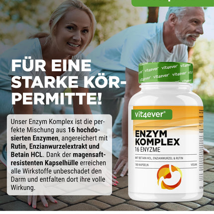 Gremošanas enzīmi - 180 kapsulas ar 16 enzīmiem, kā arī betaīna hidrohlorīdu, rutīnu un genciānas sakni - ar bromelaīnu, papaīnu, amilāzi, lipāzi, proteāzi, laktāzi - vegāns - augsta deva