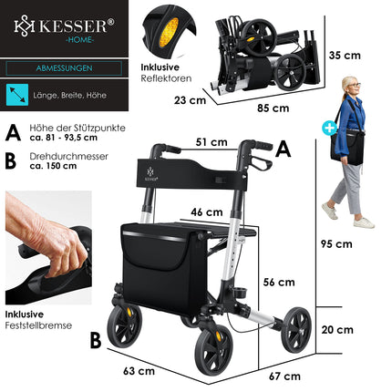 KESSER alumīnija rollatora komplekts, viegls ceļojumu rollators ar pilnu aprīkojumu, trīsvirzienu salokāms stumbram, ceļošanai un lidojumam, regulējams augstums, josta, spieķa turētājs, staigāšanas rāmis, staigāšanas palīglīdzeklis