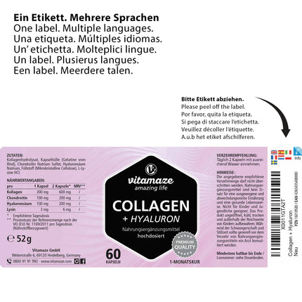 Augstas devas kolagēna kapsulas + hialuronskābe + hondroitīns + lizīns, 600 mg tīra kolagēna hidrolizāta dienā, 60 kapsulas 1 mēnesim, bioaktīvas un bez piedevām, ražotas Vācijā