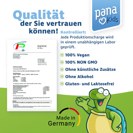 PanaKids Omega 3 pilieni bērniem - no 4 gadu vecuma - 100% vegāniski - 20 ml - ar DHA (316 mg) un EPA (158 mg) - Omega 3 bērniem no aļģu eļļas