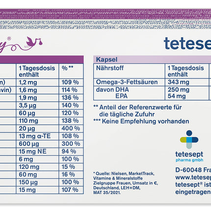 tetesept Femi Baby – 16 uzturvielas auglībai, grūtniecībai un zīdīšanas periodam – ar folskābi, dzelzi, jodu + DHA – 1 x 3 mēnešu iepakojums ar 90 tabletēm + 90 kapsulām