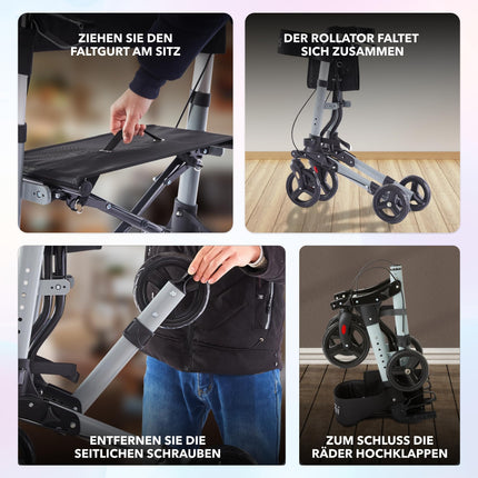 Arebos vieglais alumīnija rollators | Ceļojuma rollators ar 6 augstuma regulēšanu | Salokāms | Iekļauts spieķa turētājs un noņemama iepirkumu soma | Staigāšanas rāmis ar bloķēšanas funkciju | Melns