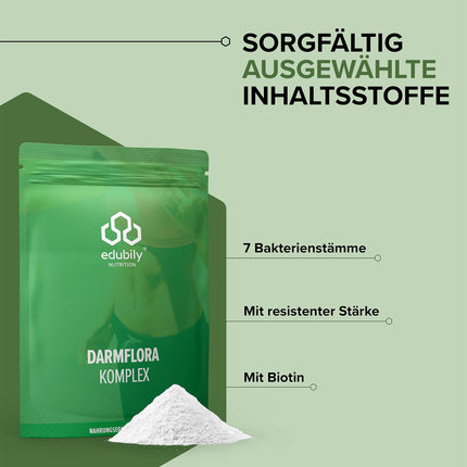 edubily nutrition® zarnu floras komplekss - rezistents dekstrīns ar biotīnu un 7 baktēriju kultūrām. L. plantarum, L. reuteri, S. thermophilus, B. lactis, B. longum, B. infantis &amp; B. adolescentis - 250g