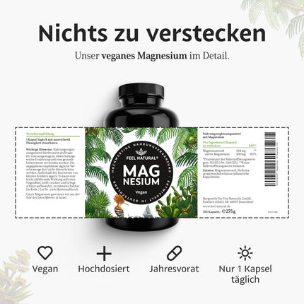 Augstas magnija devas kapsulas - 365 kapsulas (gada daudzums) - 664 mg vienā kapsulā, ieskaitot 400 mg elementārā magnija - augstāks saturs nekā citās magnija formās - Laboratorijā pārbaudīts un vegānisks