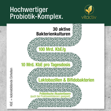 VITACTIV Intestinal Friends - probiotisko kultūru komplekss - 60 probiotiķu kapsulas - 30 baktēriju celmi, 100 miljardi CFU/g - laktobacilas un bifidobaktērijas, akācijas šķiedrvielas kā prebiotika, 8 B vitamīni