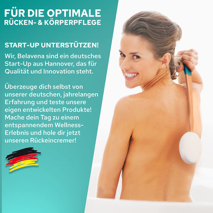 BELAVENA© muguras krēmveida līdzeklis | Uzlabota koncepcija 2025. gadam — optimāla muguras kopšana ar muguras krēmeri/muguras birsti, ieskaitot 4 nomaināmus spilventiņus — muguras krēmeris/muguras krēma līdzeklis