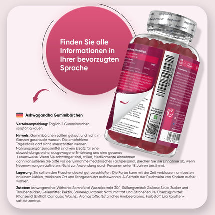 Ašvaganda 1200 mg - 120 želejkonfektes - 2 mēnešu krājumi - vegānisks un bez glutēna - dabīga aveņu garša - ašvagandas saknes ekstrakts (Withania Somnifera) no WeightWorld