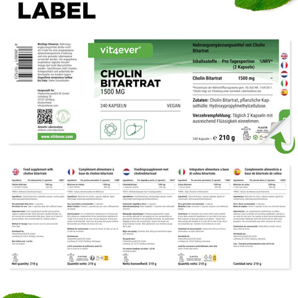 Tīra holīna kapsulas - 240 kapsulas ar 750 mg holīna bitartrāta - 4 mēnešu krājumi - aknas, homocisteīns un lipīdu metabolisms - aktīvs holīns - dabīgs - augsta deva - vegāns