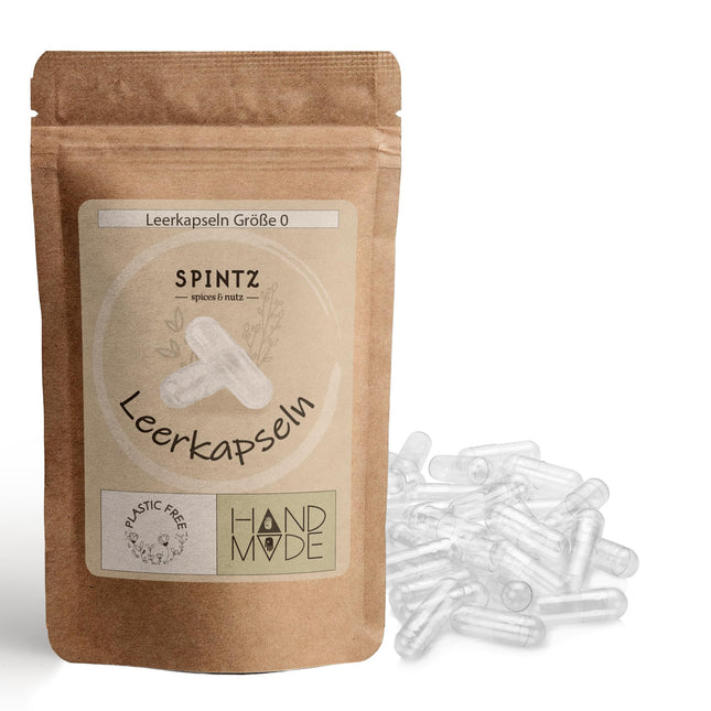SPINTZ vegāniskās HPMC tukšās kapsulas, 0. izmērs (100 gab.) | Neatkarīgi pārbaudīts laboratorijā | Bez plastmasas un ilgtspējīgi iepakots | 100% augu celuloze, bez ĢMO, bez alergēniem, caurspīdīga