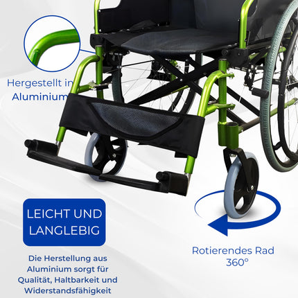 Mobiclinic®, Ratiņkrēsls, Bolonia, Alumīnijs, Salokāms un viegls, Salokāma dalīta atzveltne, Noņemams kāju balsts, Roku balsti, Pieaugušajiem, Zaļš