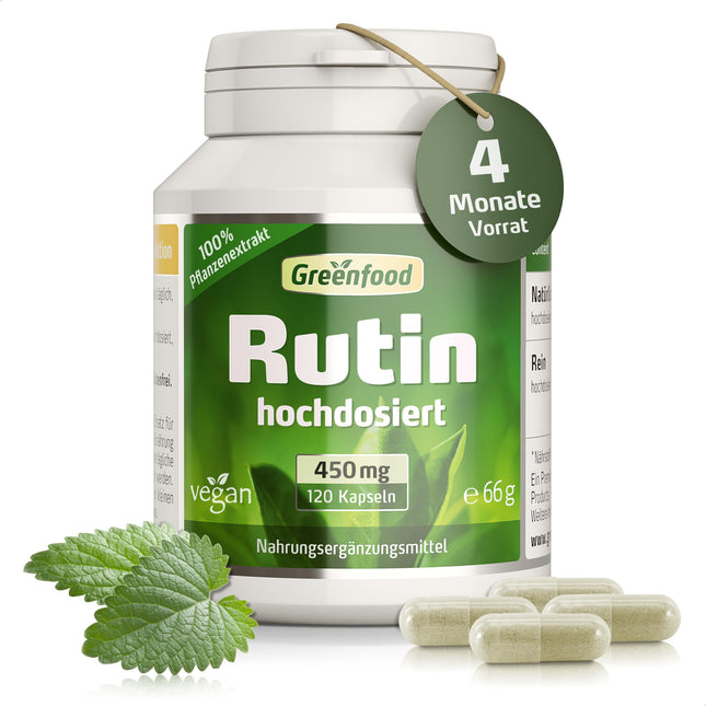 Rutīna kapsulas, augsta deva, 450 mg - 120 kapsulas, vegānas. Tīrs, dabīgs augu izcelsmes produkts. BEZ mākslīgām piedevām - laboratoriski pārbaudīts. No Greenfood.