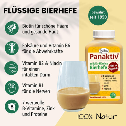 Panaktiv® - šķidrais alus raugs, 500 ml • B1, B12 vitamīns, folskābe, biotīns, B2, B6 vitamīns, niacīns, cinks • aktīvai vielmaiņai • skaistai ādai un matiem • tīrs dabīgs produkts