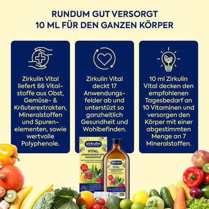 Zirkulin Vital mikroelementu koncentrāts (200 ml) – 20 dienu krājums – 66 svarīgas vielas no augļiem, dārzeņiem un garšaugiem – Vērtīgi polifenoli – Vitamīni un minerālvielas ģimenei