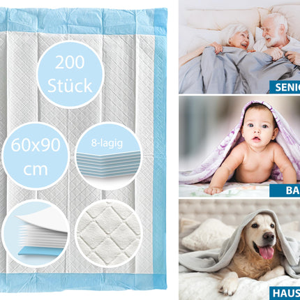 TIGA-MED medicīniskie ieliktņi 60x90cm | 8 slāņu | 200 gabali | Treniņu spilventiņi | Pārtinamie paklājiņi mazuļiem | Vienreizējās lietošanas pacientu kartes | Nesaturēšanas ieliktņi | Kucēnu spilventiņi