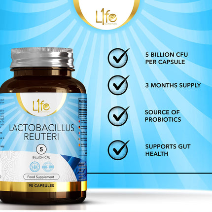LN Lactobacillus Reuteri | 90 probiotisko Lactobacillus Reuteri kapsulas – 5 miljardi CBU L-Reuteri vienā porcijā | Augstas devas L-reiteri uztura bagātinātājs | Bez ĢMO, glutēna un alergēniem
