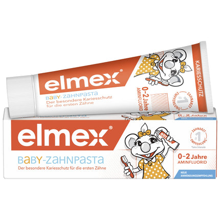 elmex bērnu zobu pasta 0-2 gadi, 50 ml – īpaša aizsardzība pret kariesu mazuļu pirmajiem zobiņiem – aizsargā zobu emalju un ir saudzīga pret smaganām
