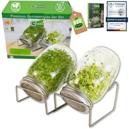 Green SEEDS dīgšanas burciņa, 2 gab. komplekts, 1000 ml, ar augstas kvalitātes nerūsējošā tērauda sieta vāku, statīvu + BEZMAKSAS dīgšanas ABC [Drukātas versijas]