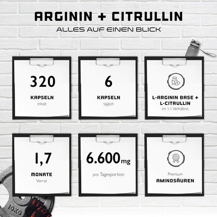 L-arginīns + L-citrulīns - 320 kapsulas - 1100 mg vienā kapsulā - Citrulīns + arginīna bāze attiecībā 1:1 - Augstākās kvalitātes aminoskābes - Laboratorijā pārbaudīta kvalitāte - German Elite Nutrition