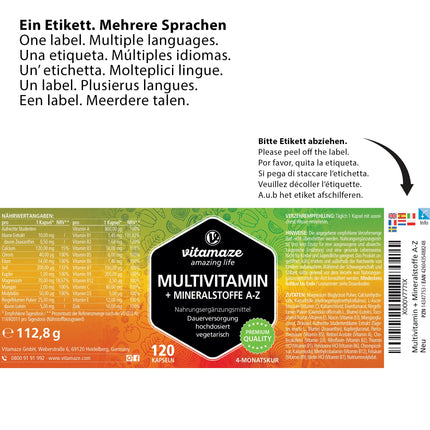 Multivitamīnu kapsulas ar augstu devu, 23 vērtīgi vitamīni AZ un minerālvielas, 120 veģetārās kapsulas 4 mēnešiem, optimāli apvienotas dzīvībai svarīgas vielas un mikroelementi