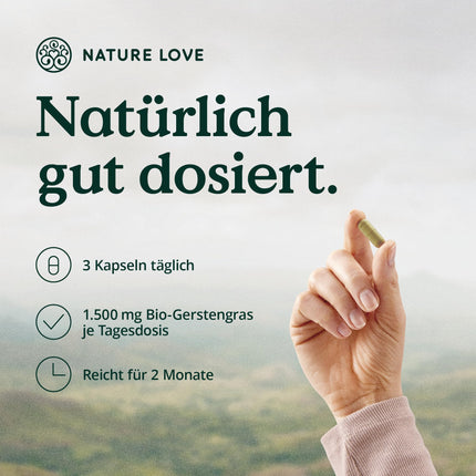 NATURE LOVE® Bioloģiskā miežu zāle - 1500 mg dienā - no Vācijas audzētavām - 180 kapsulas - Augsta deva, laboratorijā pārbaudīta, sertificēta kā bioloģiska, ražota Vācijā