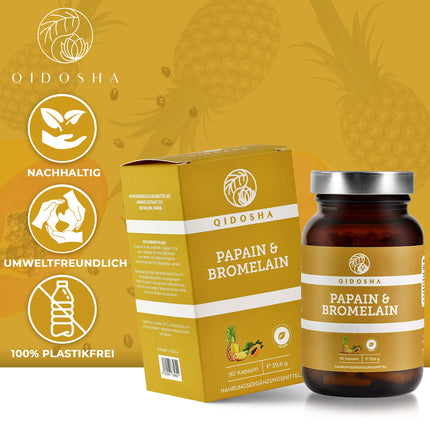 QIDOSHA® Papain Bromelain zarnās šķīstošās kapsulās, 320 mg vienā kapsulā, 90 kapsulas farmaceita glāzē, augstākā enzīmu aktivitāte 6194 USP (papaīns), Papain enzīms no papaijas, Bromelaīns no ananasiem
