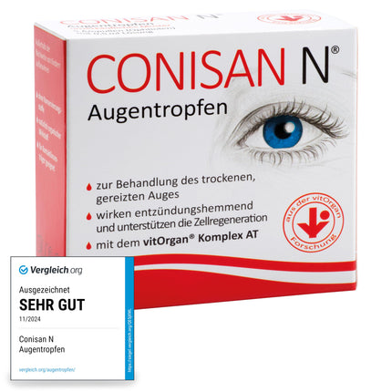 CONISAN N acu pilieni veselīgām acīm - ātrs atvieglojums sausām, iekaisušām un nogurušām acīm, ar inovatīvo vitOrgan kompleksu šūnu reģenerācijas atbalstam, 20 x 0,5 ml