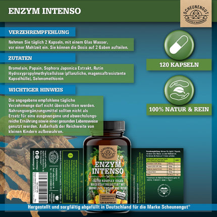 ENZYM INTENSO® bromelaīna kapsulas — SVARĪGI: Laboratorijā pārbaudīta formula ar bromelaīnu (5000 FIP), papaīnu, rutīnu | ananāsu un papaijas enzīms - 120 kuņģa sulu izturīgas kapsulas - SCHEUNENGUT®