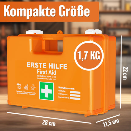 HELDENWERK Erste Hilfe Kasten nach neuer DIN 13157:2021 inkl. Wandhalterung & Aufklebern|Universal Erste Hilfe Koffer für Betrieb, Haushalt oder Gastronomie - Büro Verbandskasten gefüllt, Sanikasten