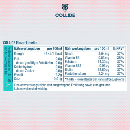 COLLIDE kolagēna dzēriens – Ieteicams līdz: 13.05.2025 – Piparmētru-laima – 24 x 250 ml – Bez cukura – Ar kolagēna hidrolizāta peptīdiem, B6 un B12 vitamīniem, folskābi, biotīnu un kofeīnu – Iesk. 6 eiro iemaksa