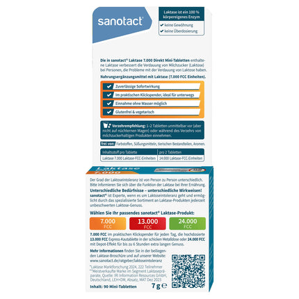 sanotact Lactase 7000 DIRECT (90 mini laktāzes tabletes) • Laktozes tabletes katrai dienai • Laktozes nepanesības, laktozes un piena nepanesības gadījumā • Ātri lietojamas bez ūdens
